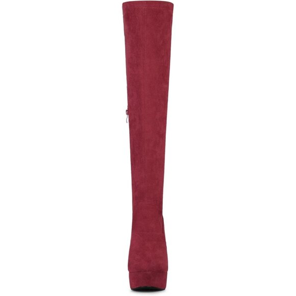 Women Burgundy Suede Chunky Heel Rounded Toe Over the Knee Thigh High Long Boots - Picture 2 of 6